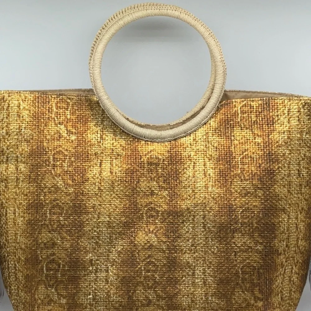 Magid METALLIC BRONZE SNAKESKIN PATTERN STRAW TOTE BAG WITH CIRCLE HANDLE